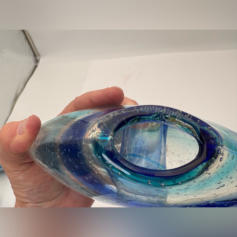 Vintage Blue and Clear Swirl Glass Donut Vase - Picture 13 of 16